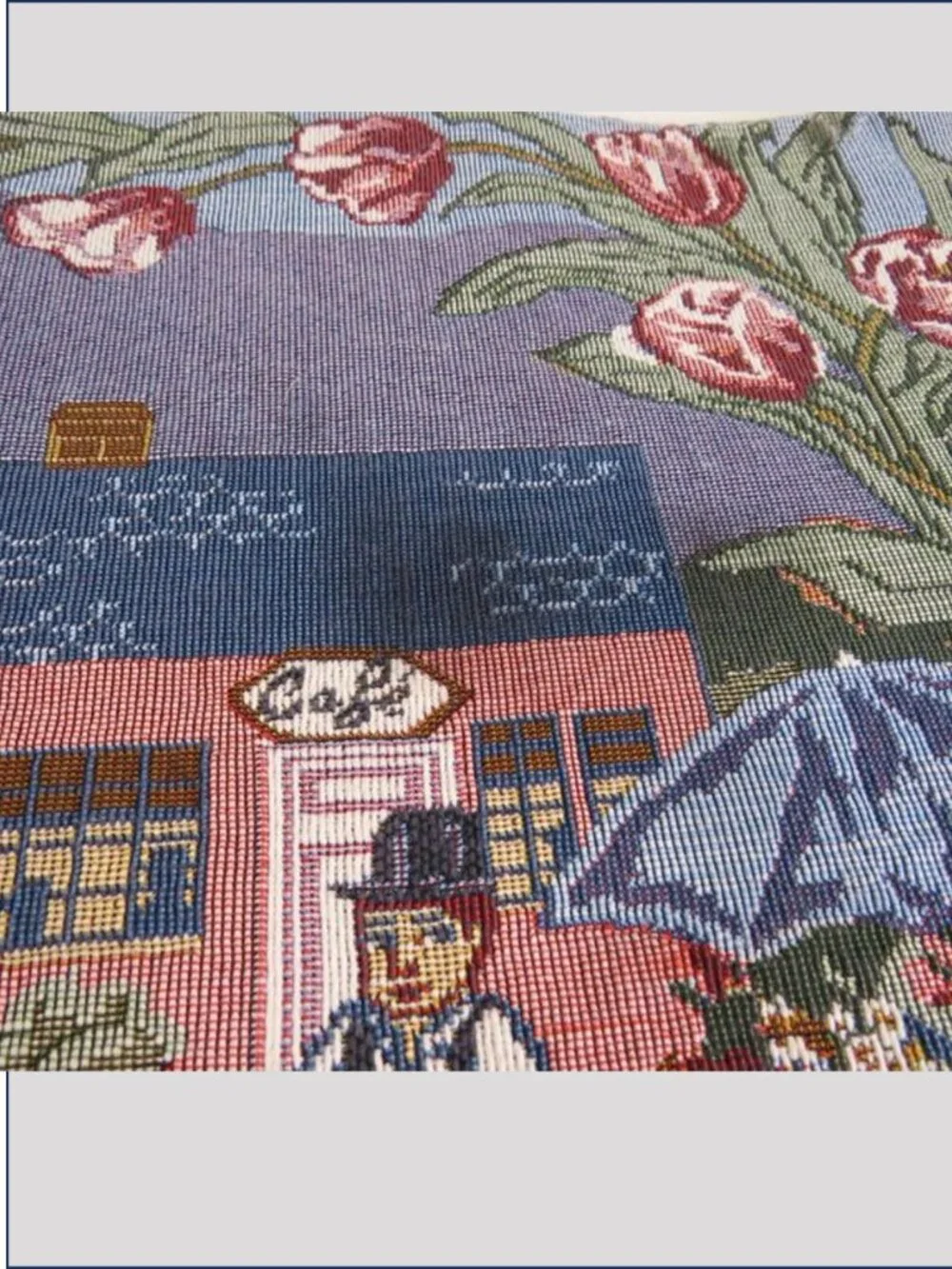 Vintage Woven Tapestry Table Runner Turn of the Century Village Tulip Border